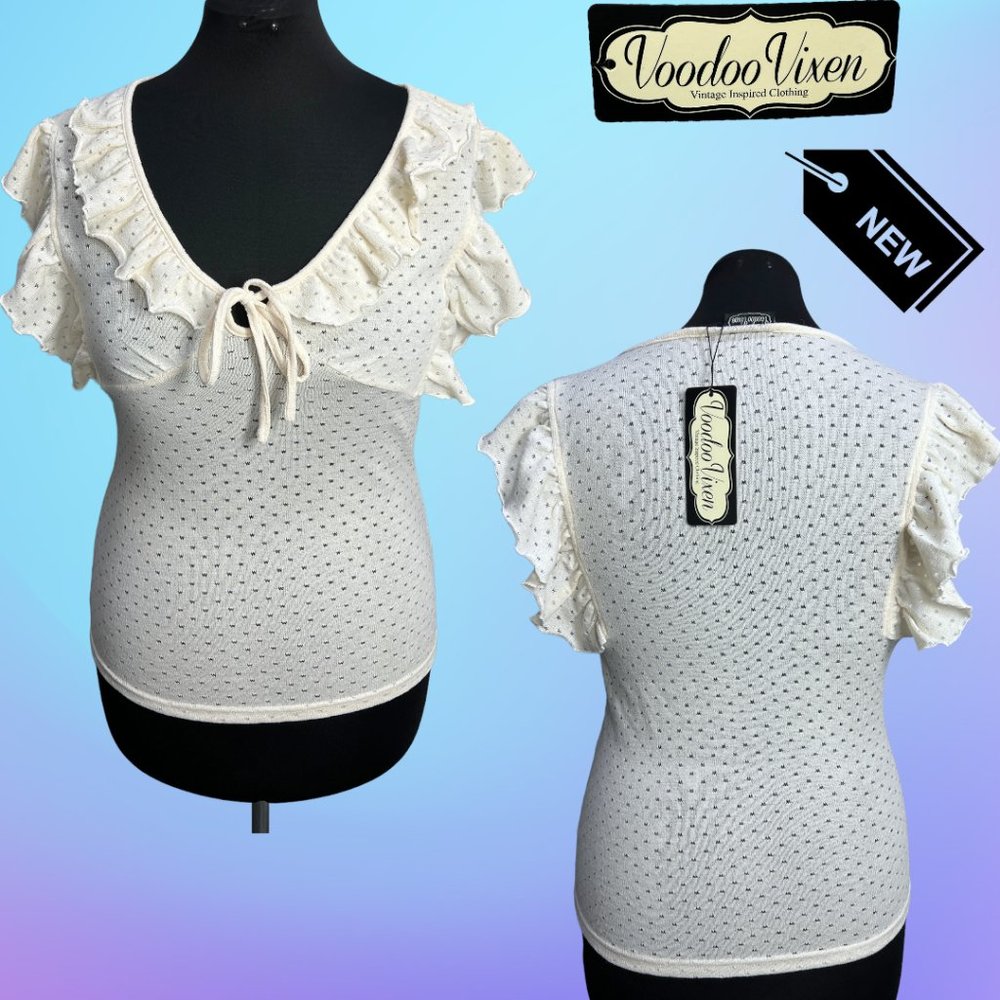 NWT Ivory Cream Voodoo Vixen Knit Ruffle Sleeve Francine Blouse Size LG